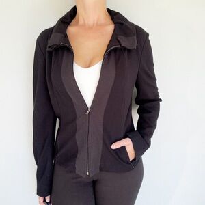 Elie TAHARI black knit full zip ruffle neck dual pocket lightweight jacket small